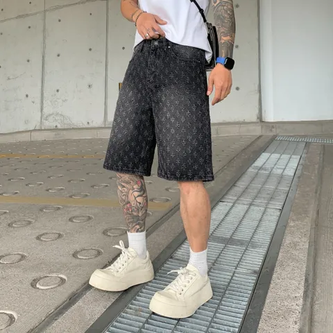 Men's American High Street Washed Printed Denim Shorts Casual Loose Straight Leg Distressed Ripped Bottoms Men Clothing