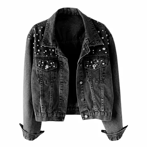 Veste en Denim de Coton Effet Usé Décontractée pour Femme Vintage Manches Longues Boutonnage Simple Perlé Ample