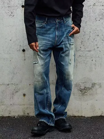 Herren Casual Distressed Loose Straight Leg Jeans Vintage Gewaschen Denim Hose Streetwear Mode Hosen