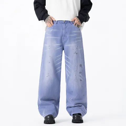 Jean Droit Ample Décontracté pour Homme Mode High Street Violet Lavé Pantalon en Denim Tendance Streetwear