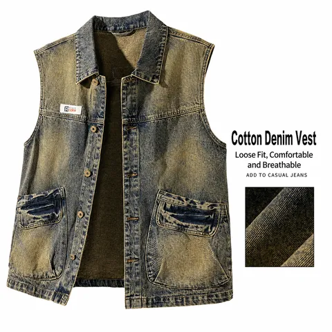 Men's Retro Vintage Denim Vest Cotton Blend Washed Distressed Sleeveless Waistcoat Jacket With Detachable Hood