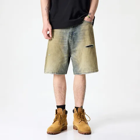 Hommes Casual Vintage Washed Distressed Khaki Denim Shorts Loose Straight Fit Été Streetwear Fashion Five Point Trousers