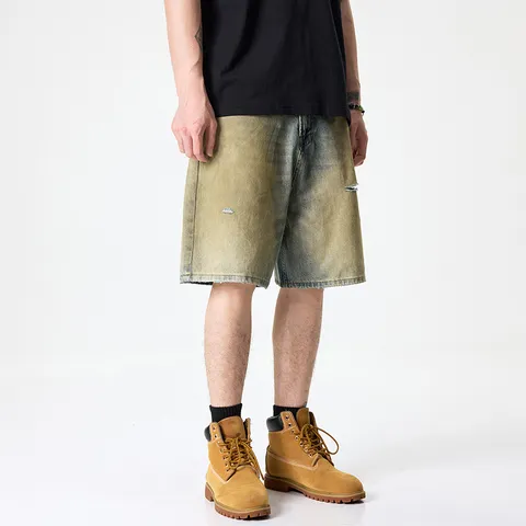 Hommes Casual Vintage Washed Distressed Khaki Denim Shorts Loose Straight Fit Été Streetwear Fashion Five Point Trousers
