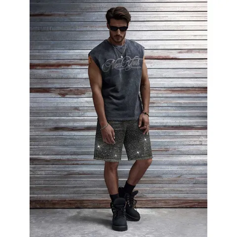 Herren Denim Shorts Casual Straight Fit Hot-Fix Strass Verzierung Offene Kante Sommer Baumwollmischung Jeans Shorts