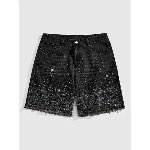 Herren Denim Shorts Casual Straight Fit Hot-Fix Strass Verzierung Offene Kante Sommer Baumwollmischung Jeans Shorts