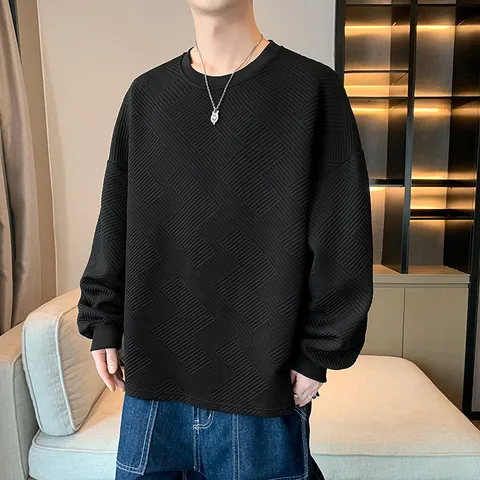Heren Casual Ronde Hals Sweatshirt Geometrisch Gestructureerd Lange Mouw Trui Katoen Losse Pasvorm