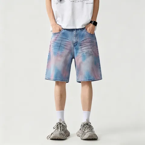 Men Casual Loose Denim Shorts Tie-Dye Gradient Five-Quarter Pants Fashion Streetwear Straight Leg Denim Pants