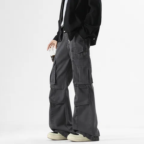 Men's American Vintage Cleanfit Multi-Pocket Cargo Washed Denim Jeans Flared Casual Long Pants