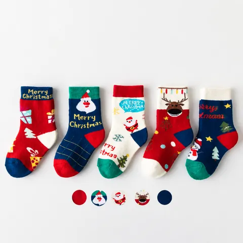 Kids Christmas Socks Thickened Thermal Winter Cotton Crew Socks Cute Cartoon Santa Claus Elk Reindeer Holiday Socks For Toddler Boys Girls