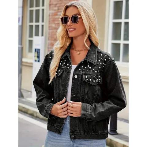 Veste en Denim de Coton Effet Usé Décontractée pour Femme Vintage Manches Longues Boutonnage Simple Perlé Ample