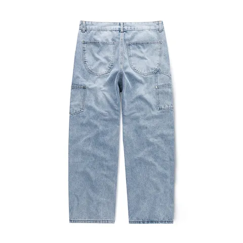 Herren Amerikanisches Retro High Street Lose Gerade Jeans Gewaschene Mehrfache Tasche Cargo Denim Hosen Lässige Hosen