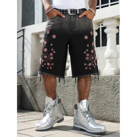 Herren Schwarze Denim Shorts Lässige Weite Bein Shorts Mit Roter Blumenstickerei Rohkante Streetwear Mode Sommer Shorts