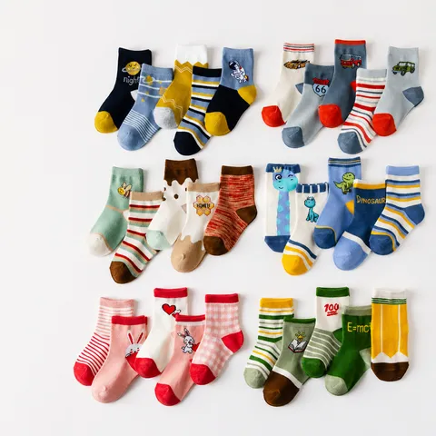 Kids Cotton Crew Socks Cute Cartoon Striped Breathable Comfortable Daily Socks For Children Boys Girls