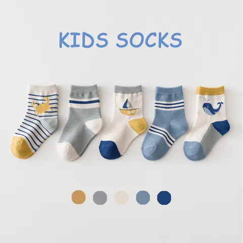 Kids Cotton Mid-Calf Socks Cute Marine Cartoon Animal Striped Breathable Comfortable Everyday Socks For Baby Boys And Girls