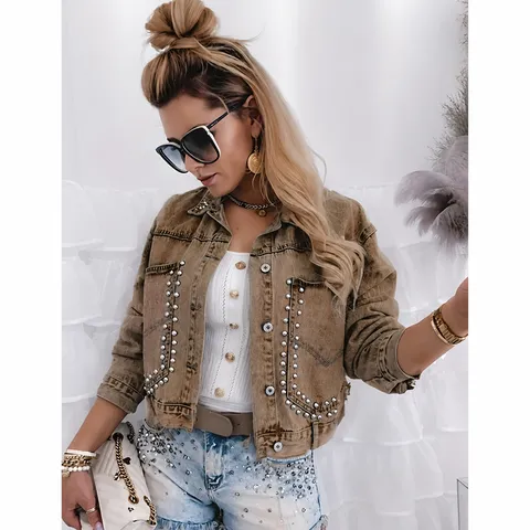 Damen Vintage Gewaschene Denim Jacke Lässig Langarm Revers Niete Kurze Oberbekleidung Streetwear Chic Knopfleiste Mantel