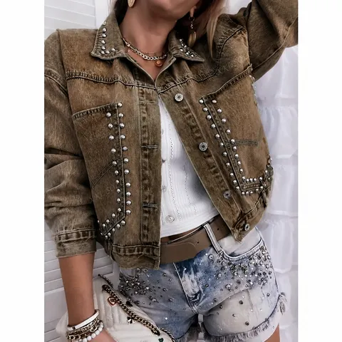 Damen Vintage Gewaschene Denim Jacke Lässig Langarm Revers Niete Kurze Oberbekleidung Streetwear Chic Knopfleiste Mantel