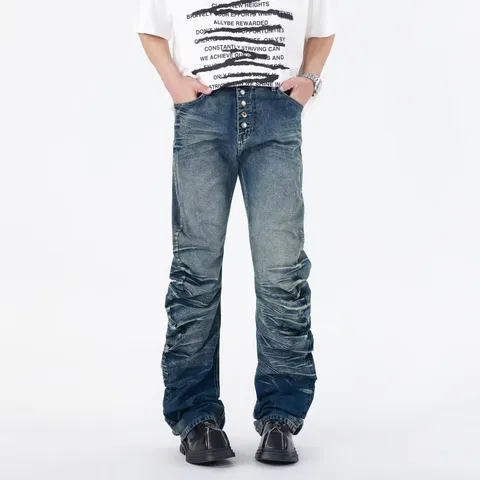Men's Vintage Washed Blue Wave Pleated Flared Jeans Casual Slim Fit Button Fly Stacked Denim Pants