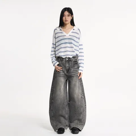 Jean Rétro Américain Lavé Usé Jambes Larges pour Femmes Pantalon en Denim de Coton Ample Décontracté