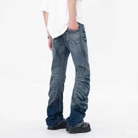 Men's Vintage Washed Blue Wave Pleated Flared Jeans Casual Slim Fit Button Fly Stacked Denim Pants