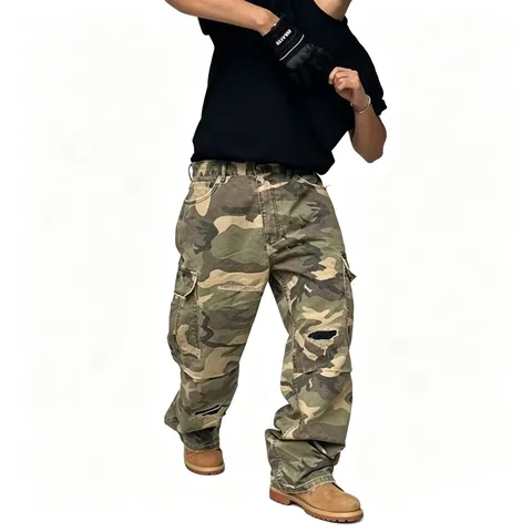 Men's High Street Camouflage Jeans Hip Hop Ripped Multi-Pocket Baggy Denim Pants Streetwear Washed Cargo Jeans For Men