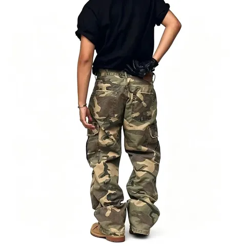 Men's High Street Camouflage Jeans Hip Hop Ripped Multi-Pocket Baggy Denim Pants Streetwear Washed Cargo Jeans For Men
