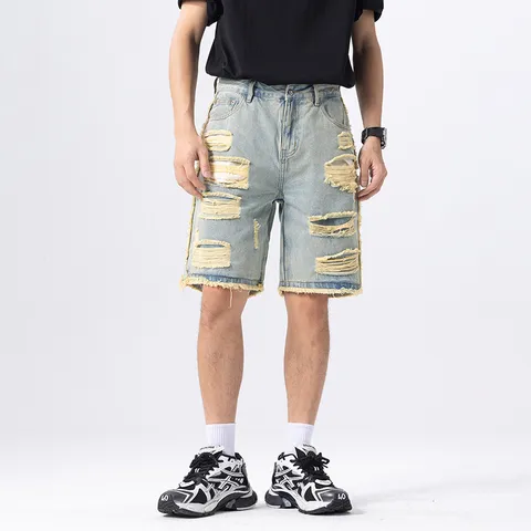 Heren Zomer Casual Distressed Denim Shorts Losse High Street Hip Hop Stijl Rechte Pijp Ripped Denim Shorts Voor Mannen