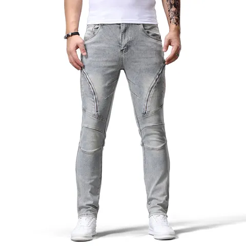 Vaqueros de Denim Elástico Retro para Hombre Pantalones de Moto Casuales de Corte Recto con Detalles de Cremallera