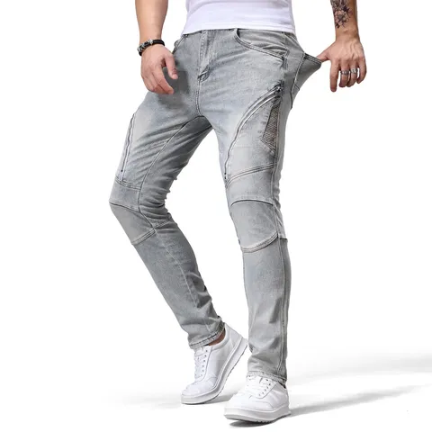 Vaqueros de Denim Elástico Retro para Hombre Pantalones de Moto Casuales de Corte Recto con Detalles de Cremallera
