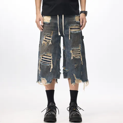 Men's American High Street Distressed Dirty Jeans Loose Straight Fit Casual Cropped Denim Pants Vintage Streetwear Trousers