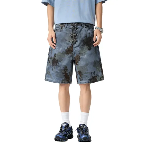 Andriká Casual Denim Shorts me Farmdi Grammi Isio Podi Streetwear Xevammeni Opsi me Metaliki Agrafa