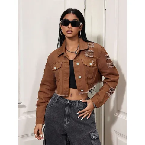 Dames Casual Distressed Denim Jas Vintage Korte Lange Mouw Omgeslagen Kraag Enkelknoops Katoenmix Outerwear