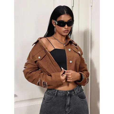 Dames Casual Distressed Denim Jas Vintage Korte Lange Mouw Omgeslagen Kraag Enkelknoops Katoenmix Outerwear