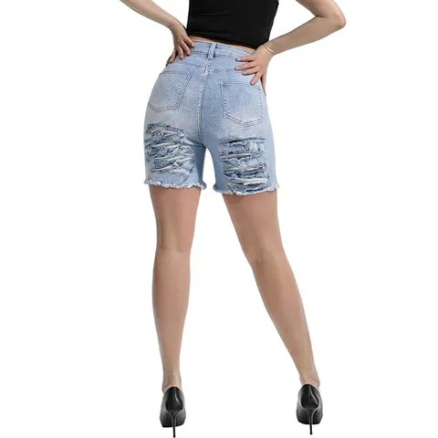 Damen Hohe Taille Distressed Rippe Denim Shorts Lässig Slim Fit Offene Kante Baumwolle Kurze Hosen Sommer Streetwear