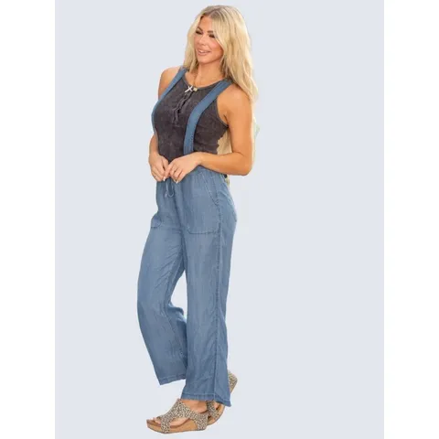 Women Casual High Waist Loose Wide Leg Denim Overalls Tencel Thin Adjustable Strap Long Pants