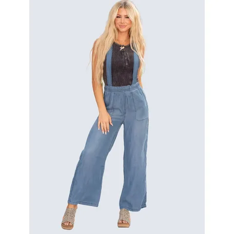 Women Casual High Waist Loose Wide Leg Denim Overalls Tencel Thin Adjustable Strap Long Pants