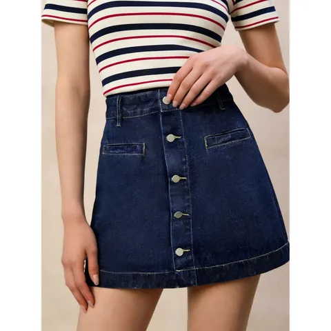 Minigonna in Denim a Vita Alta da Donna con Bottoni Monopetto Vestibilità Slim Gonna Corta Casual Outfit Estivo