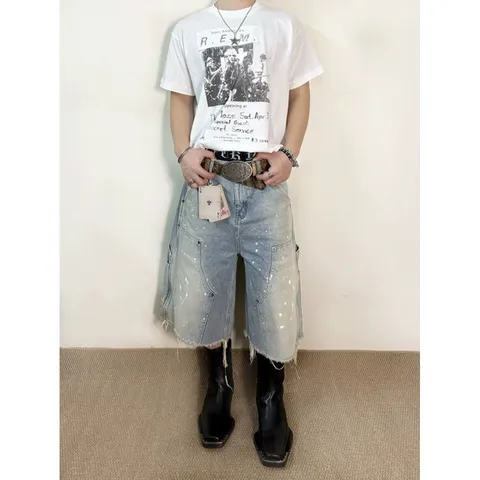 Herren High Street Workwear Jeans-Shorts Mehrfachtaschen Tintenspritzer Washed Ungekantet Distressed Shorts Denim Blau