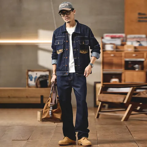 Herren Vintage Camouflage Geteilt Cargo Denim Jacke Und Gerade Lose Hose Anzug Retro Lässige Oberbekleidung