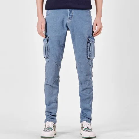 Men's Casual Denim Cargo Pants Slim Straight Fit Stretch Multi Pocket Long Trousers Spring Fashion Workwear