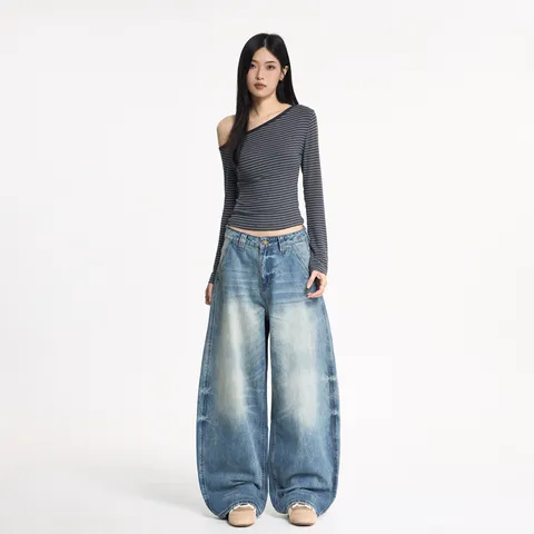 Jean Large Ample Délavé Usé Style Streetwear Américain pour Femme Pantalon en Denim Rétro Casual Baggy