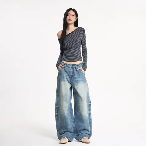 Jean Large Ample Délavé Usé Style Streetwear Américain pour Femme Pantalon en Denim Rétro Casual Baggy