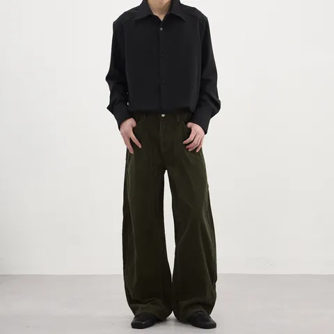 Mens Casual Corduroy Cargo Pants American Retro Patchwork Loose Wide Leg Long Pants Unisex Streetwear Trousers