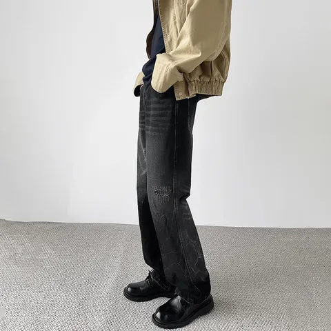Men's Loose Straight Leg Jeans Retro Washed Distressed Denim Pants Casual Streetwear Vintage Hip Hop Trousers