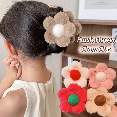 Women Flower Plush Hair Claw Clip Autumn Winter Faux Fur Shark Clip Sweet Floral Hair Catch Clip Cute Hair Accessories For Girls