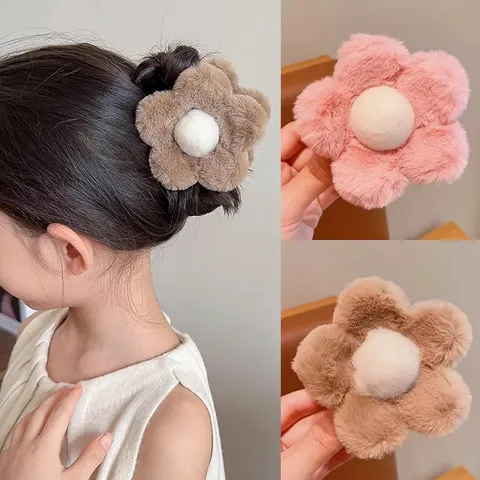 Women Flower Plush Hair Claw Clip Autumn Winter Faux Fur Shark Clip Sweet Floral Hair Catch Clip Cute Hair Accessories For Girls