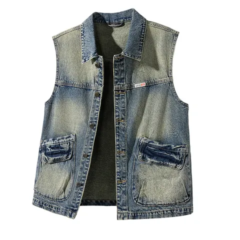 Men's Vintage Denim Vest American Retro Motorcycle Loose Multi-Pocket Casual Sleeveless Denim Jacket Outerwear