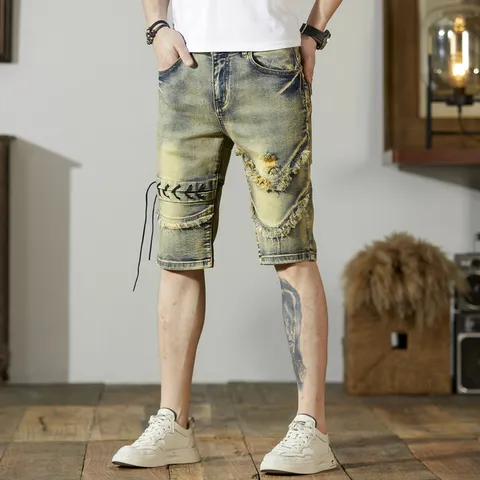 Herren Casual Distressed Patchwork Denim Shorts Sommer Slim Fit Offene Kante Denim Hosen Streetwear Mode Kurze Hosen