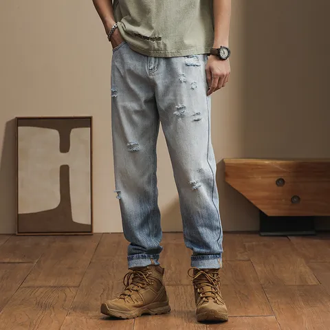 Men's Japanese Streetwear Loose Fit Distressed Gradient Denim Jeans Casual Harem Tapered Pants Spring Summer