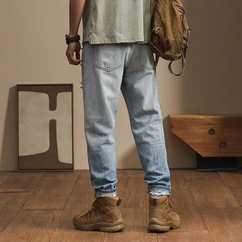 Men's Japanese Streetwear Loose Fit Distressed Gradient Denim Jeans Casual Harem Tapered Pants Spring Summer