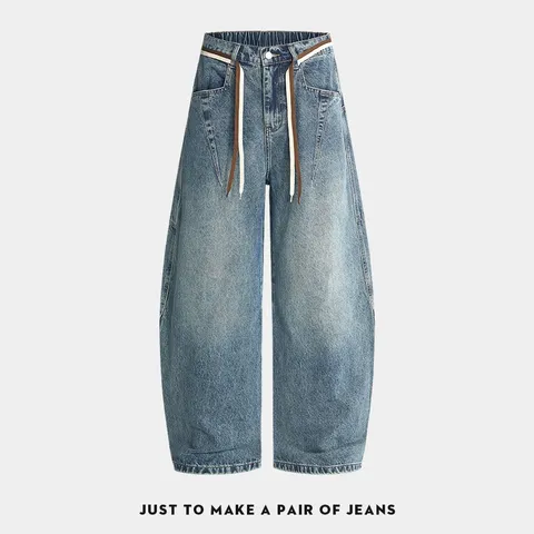 Herren Amerikanisch Retro Gewaschen Distressed Baggy Gerades Bein Denim Jeans Lässige Lose Barrel Leg Denim Hosen